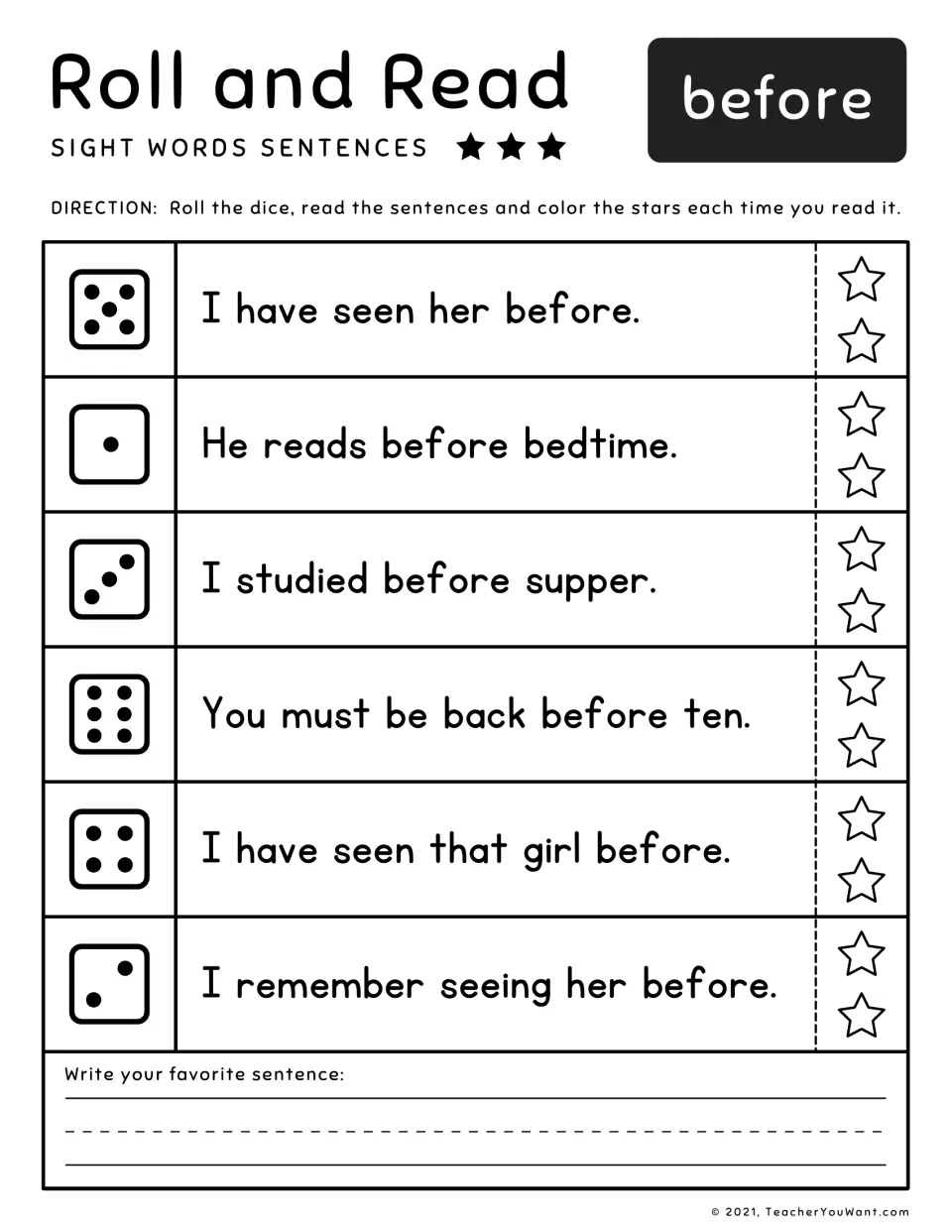 Sight word before: students roll a die to pick a sentence like He reads before bedtime, read it aloud and color a star