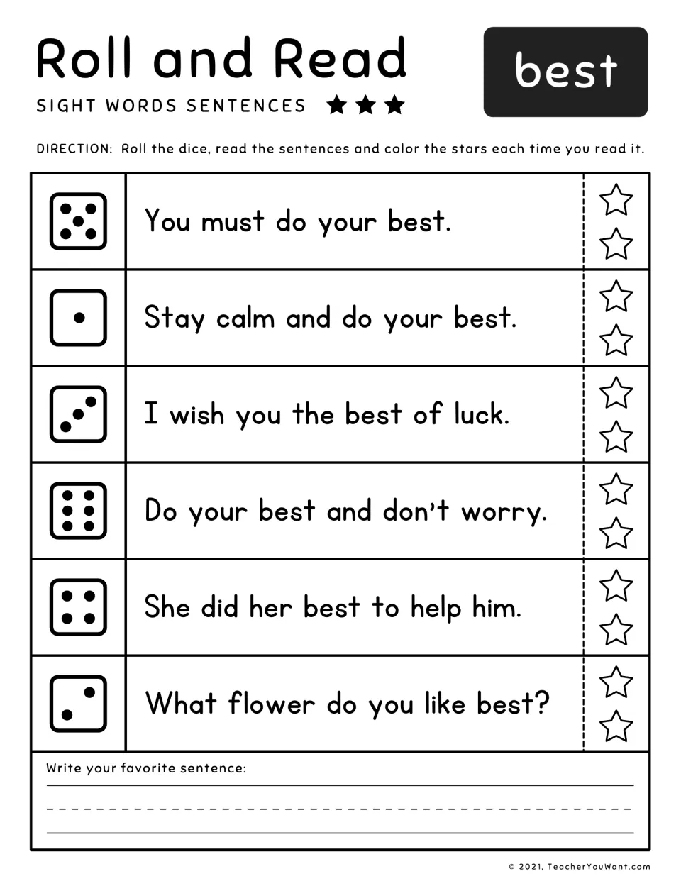 Sight word best: students read six dice-matched sentences such as Do your best and don't worry, color stars, copy one