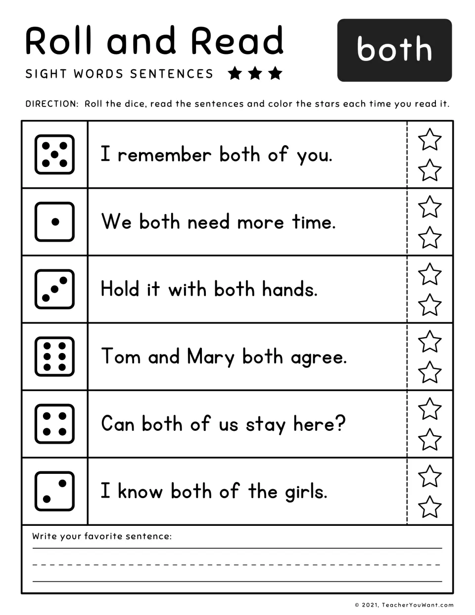 Sight word both: students roll and read sentences like Hold it with both hands, coloring stars as they reread each one