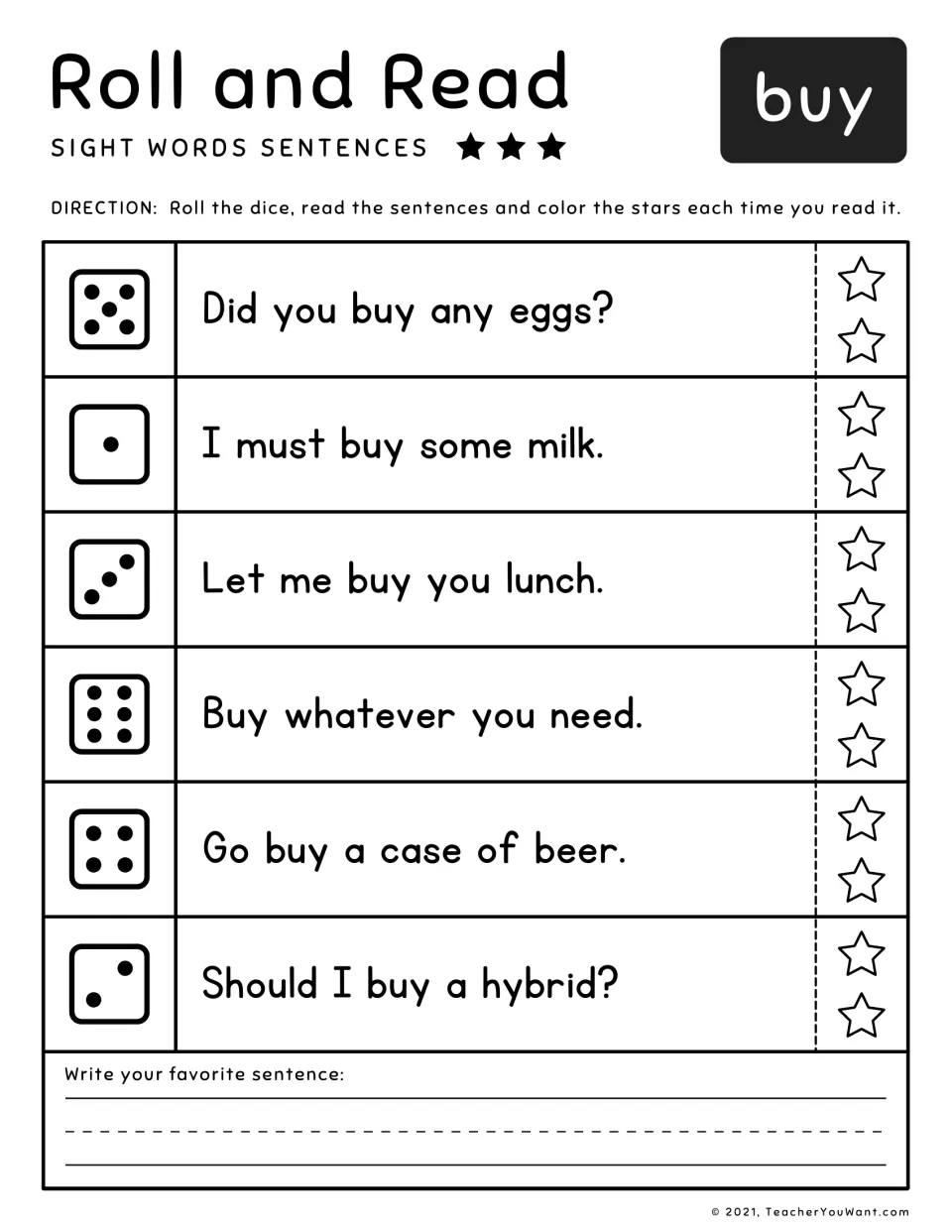 Sight word buy: roll a die, read the sentence it points to, such as Did you buy any eggs?, and color stars for each read