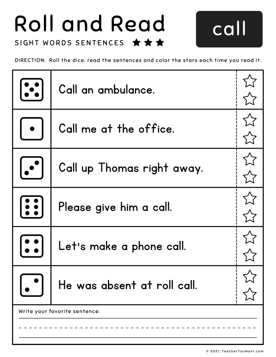 Sight word call: students read dice-matched sentences such as Call me at the office, then write their favorite sentence