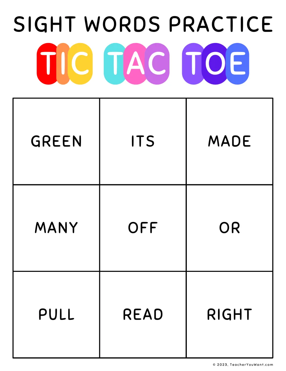 Sight word tic tac toe game for reading words aloud: green, its, made, many, off, or, pull, read and right