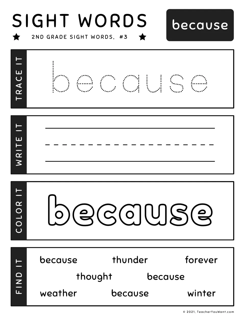 Sight word because, #3: trace and write it once, color one large outline, then find it among thunder, thought and winter