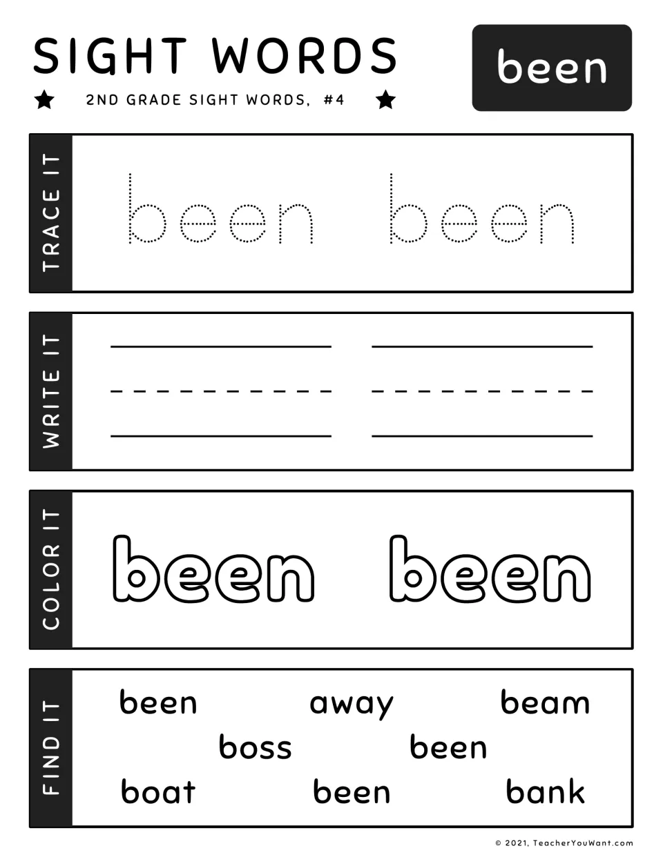Sight word been, #4: students trace, write and color been, then pick it out from look-alikes beam, boss, boat and bank