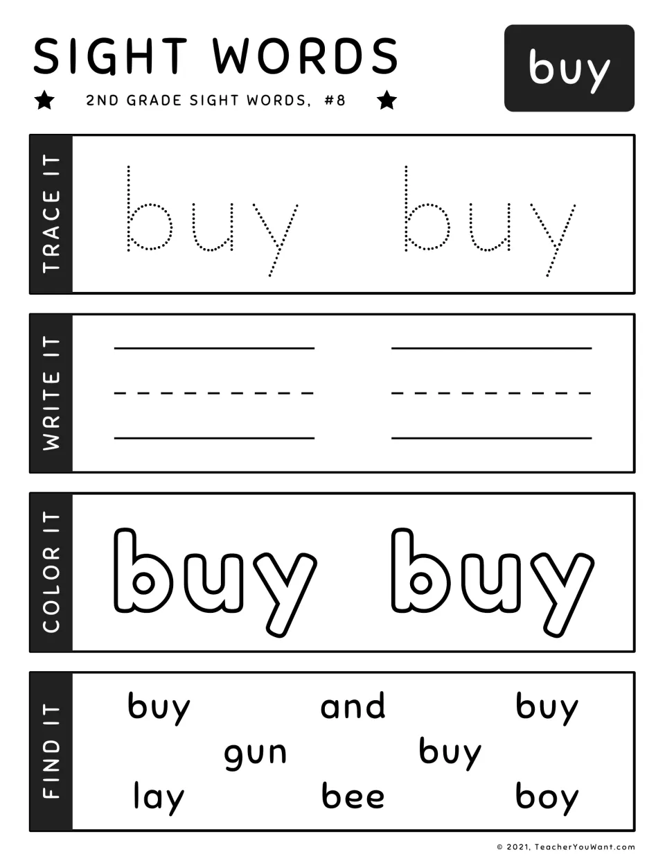 Sight word buy, #8: students trace, write and color buy, then find it among and, gun, lay, bee and the look-alike boy