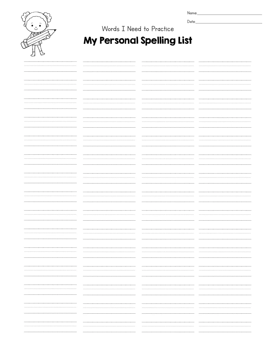 My Personal Spelling List: Words I Need to Practice, where students record misspelled words to review on their own
