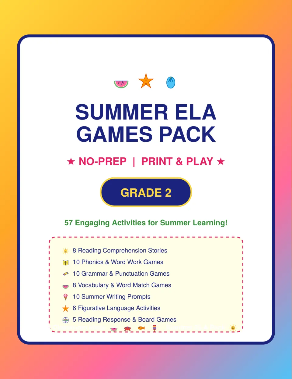 Summer ELA Games Pack cover, Grade 2: 57 activities across reading, phonics, grammar, vocabulary, writing and board games