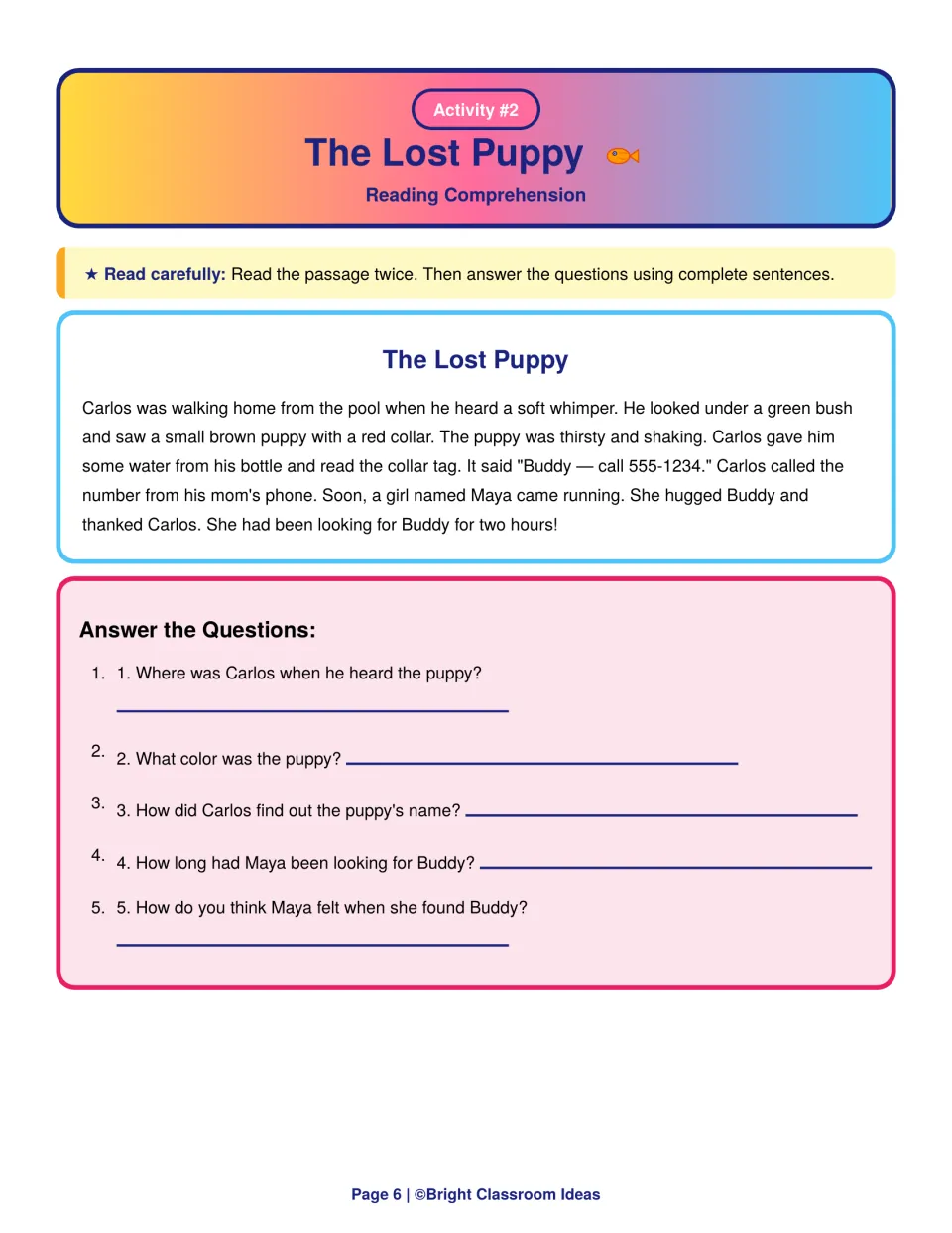 The Lost Puppy reading comprehension: students read how Carlos returns Buddy to Maya and answer 5 questions about it