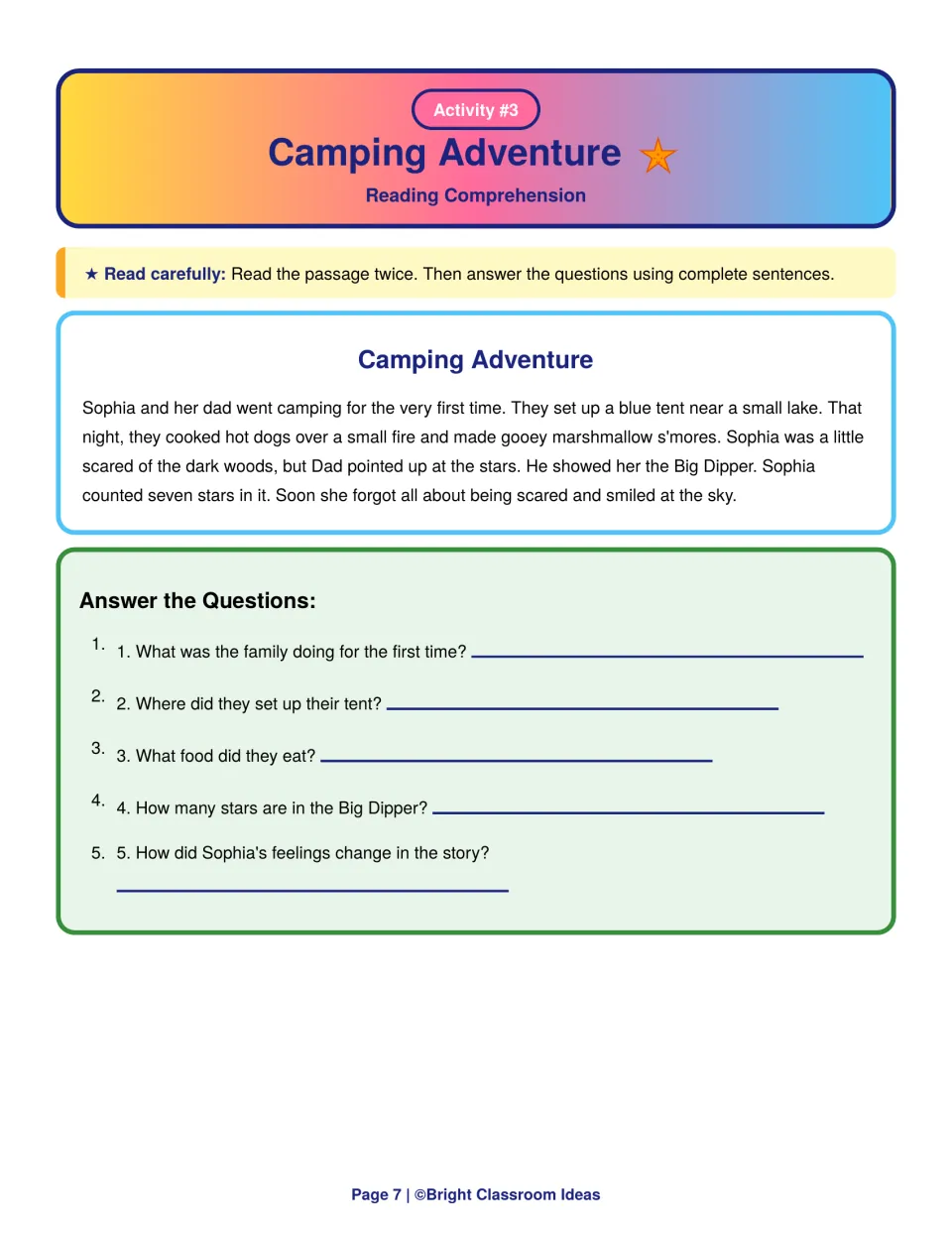 Camping Adventure reading comprehension: students read about Sophia's first camping trip and answer 5 questions