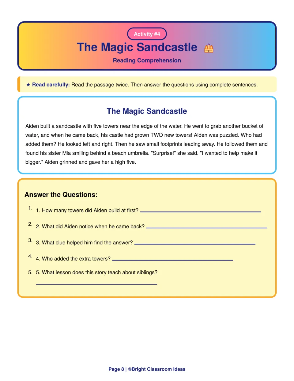 The Magic Sandcastle reading comprehension: students read a beach mystery about two extra towers and answer 5 questions