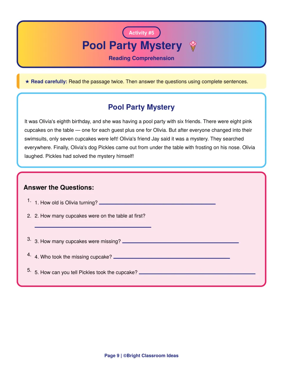 Pool Party Mystery reading comprehension: students read about a missing birthday cupcake and answer 5 questions