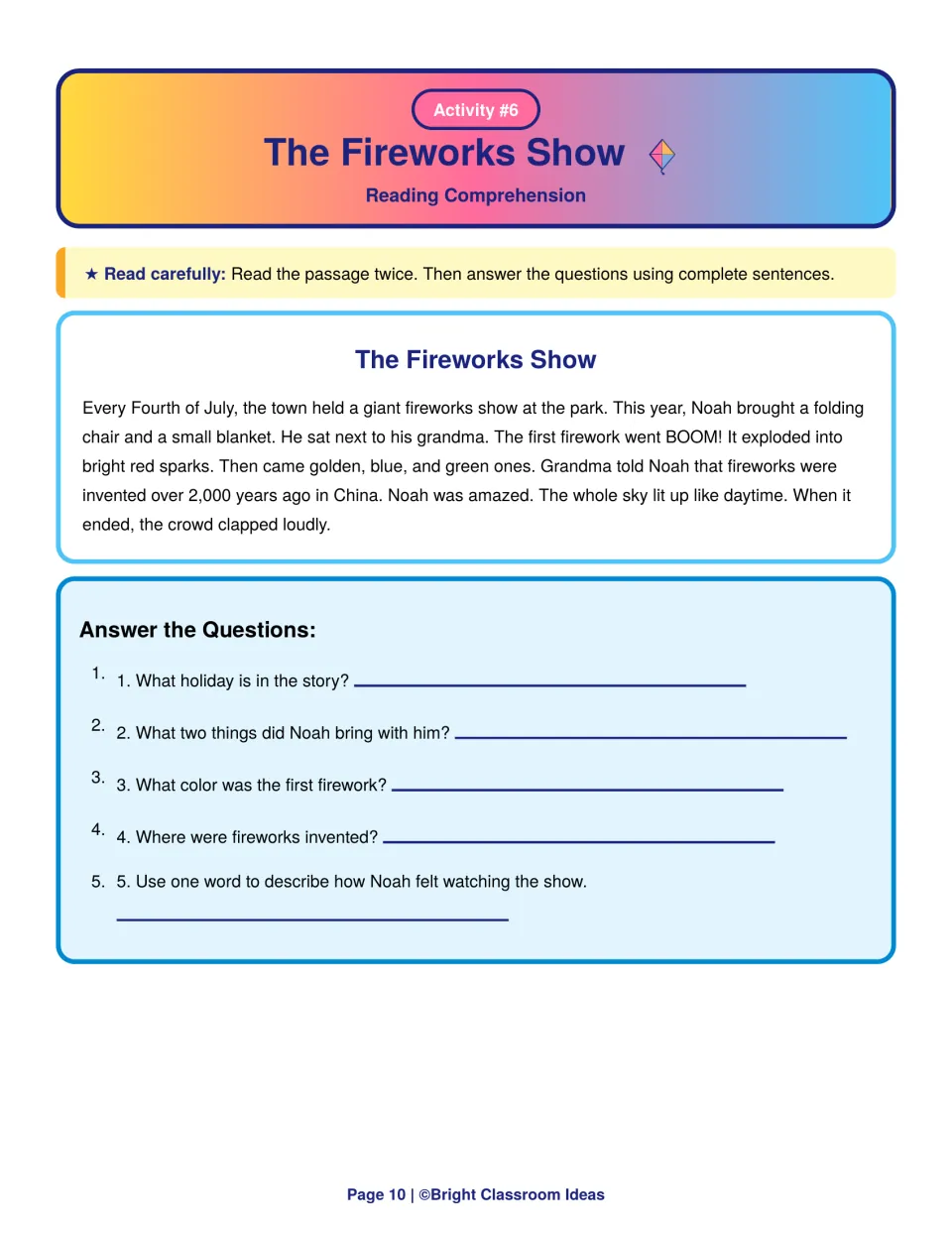 The Fireworks Show reading comprehension: students read about Noah's Fourth of July and answer 5 questions on the story