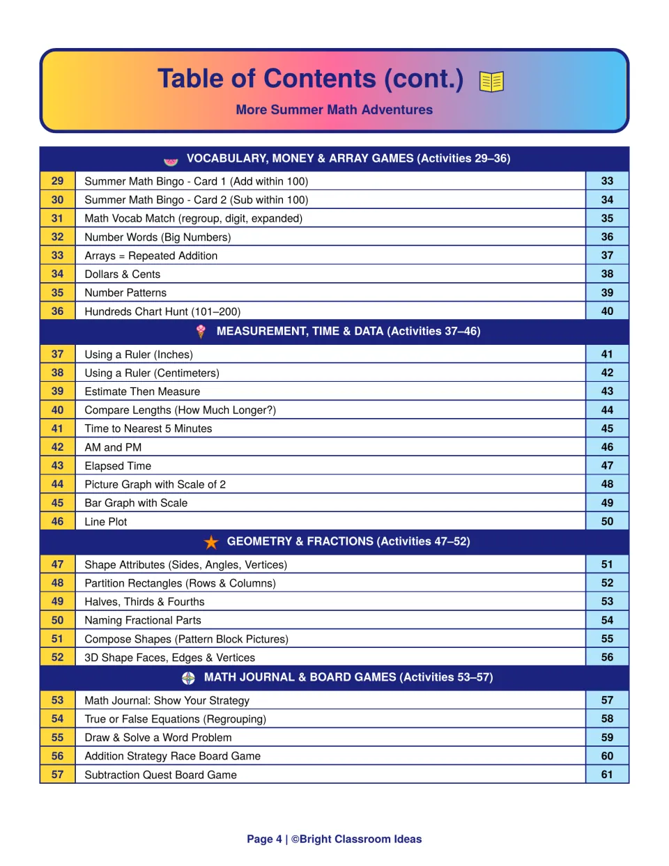 Table of contents for activities 29–57: money and array games, measurement, time, graphs, geometry and board games