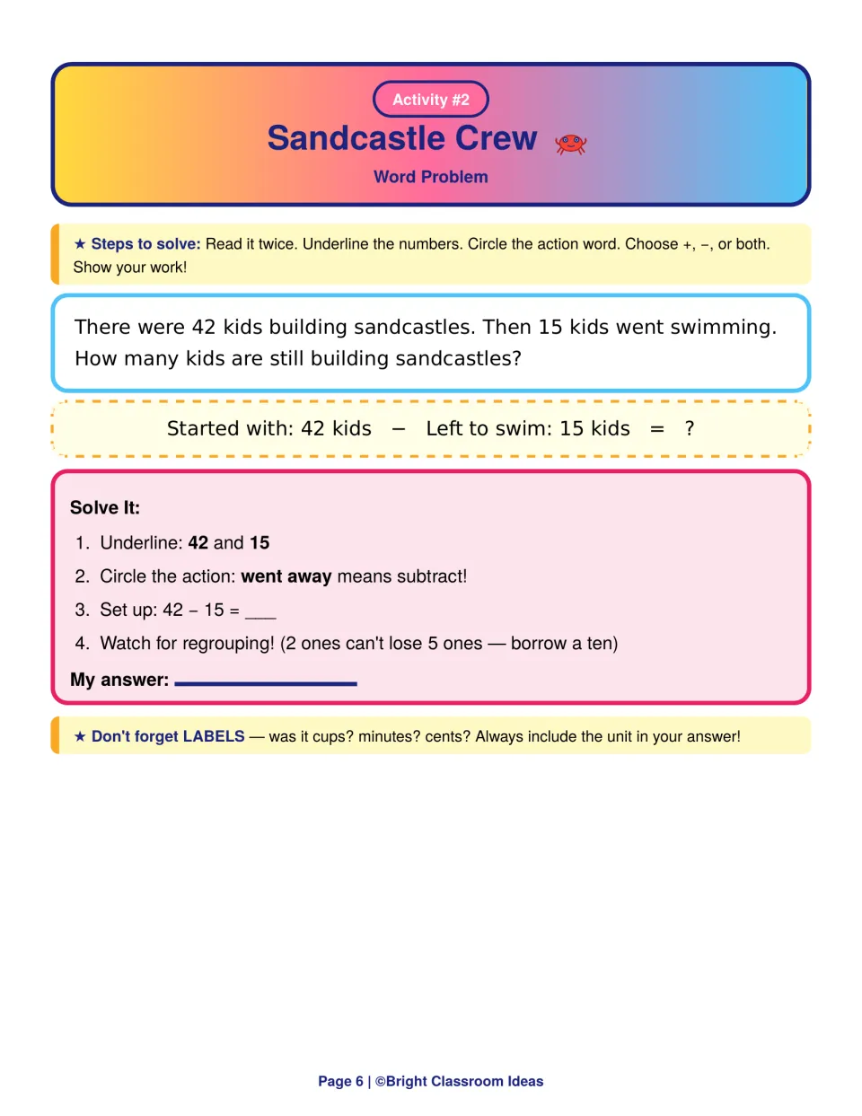 Sandcastle Crew word problem: students subtract 42 − 15 kids, regrouping a ten because 2 ones can't lose 5 ones