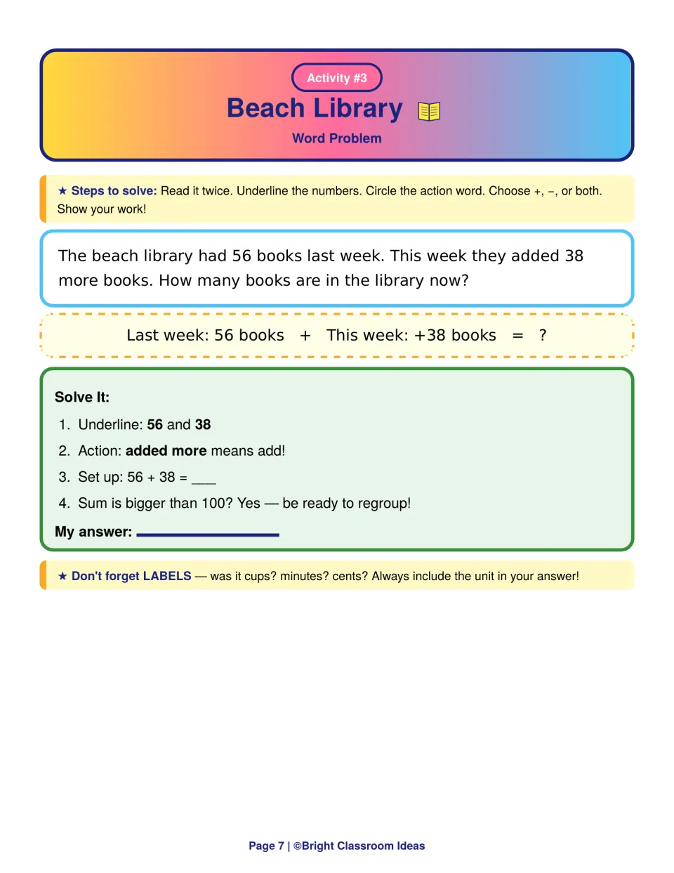 Beach Library word problem: students add 56 + 38 books, using the action words added more and preparing to regroup