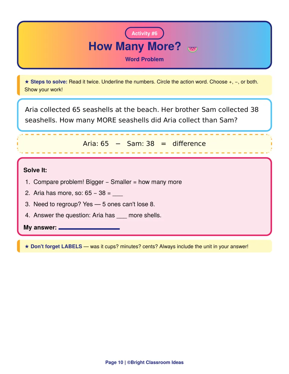 How Many More? compare word problem: students subtract 65 − 38 to find how many more seashells Aria has than Sam