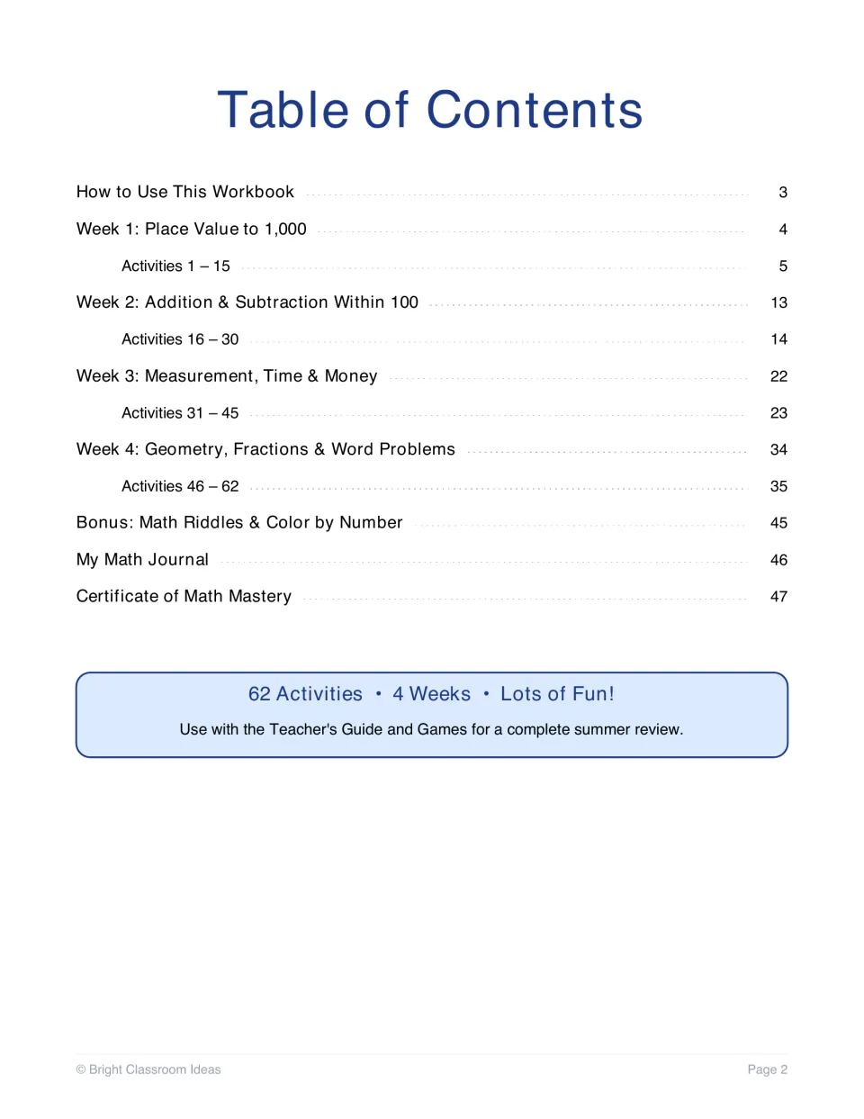 Table of contents for four weeks of 62 activities, plus math riddles, color by number, a math journal and a certificate
