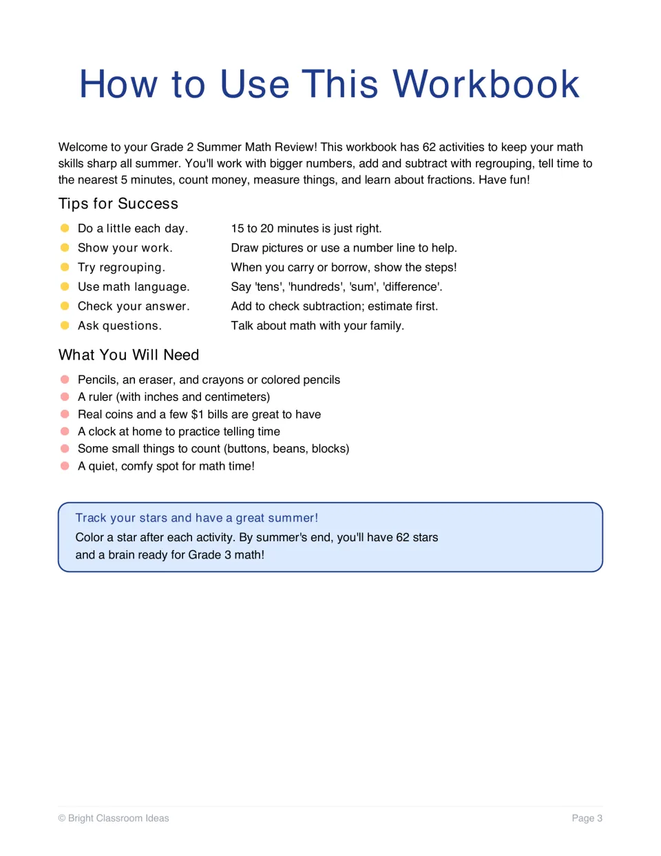 How to Use This Workbook: welcome, six tips for success, supplies list and a star to color after each activity