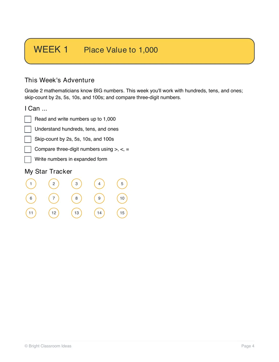 Week 1 place value to 1,000 intro: I Can checklist for skip-counting, comparing and expanded form, plus a 15-star tracker