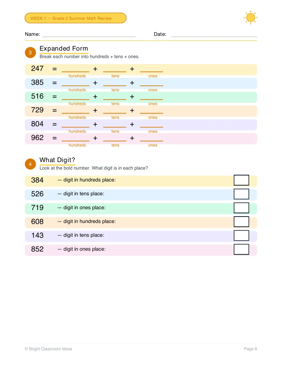 Expanded form: students break 6 three-digit numbers into hundreds, tens and ones, then name the digit in a given place