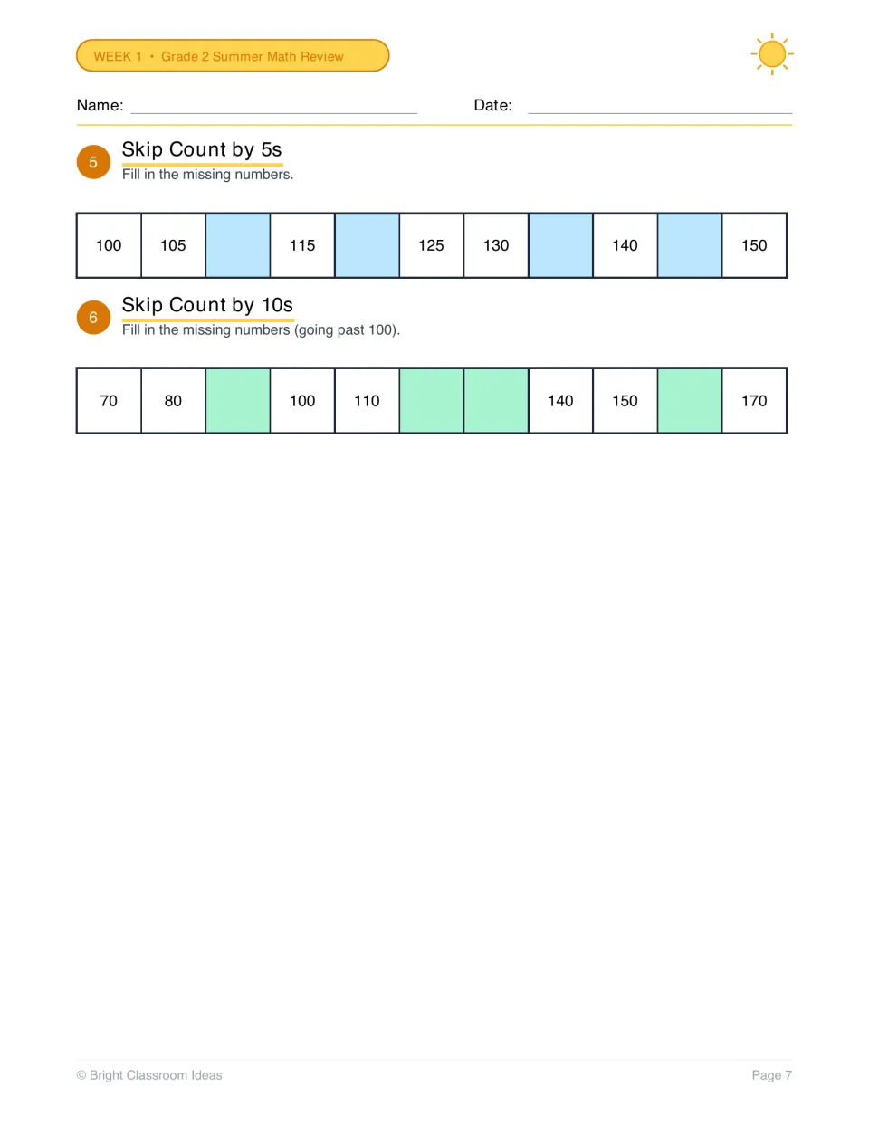 Skip counting by 5s from 100 to 150 and by 10s from 70 to 170: students fill in the missing numbers in each sequence
