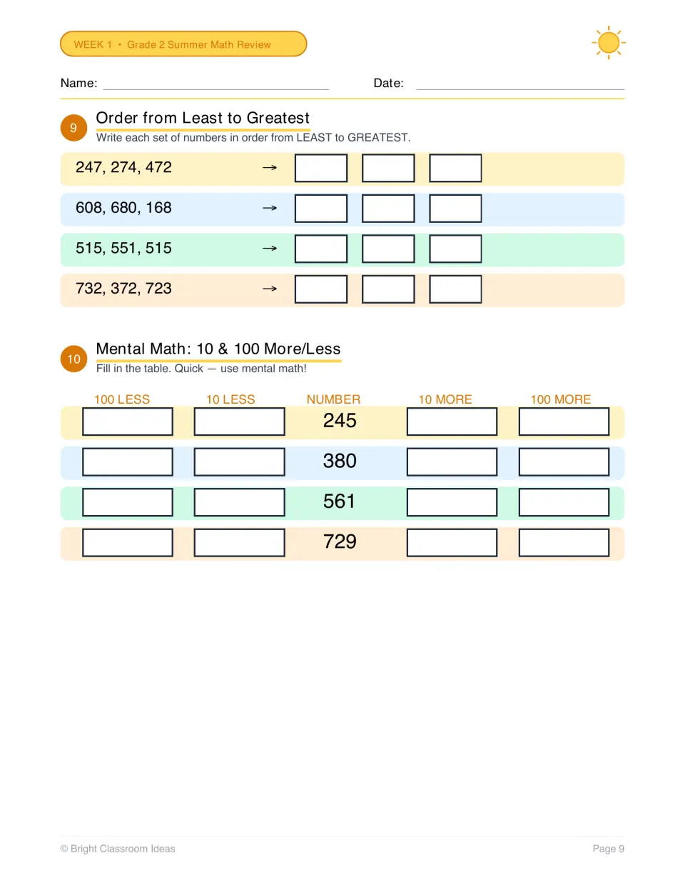 Ordering 4 sets of numbers least to greatest, then mental math: students find 10 and 100 more or less than 4 numbers