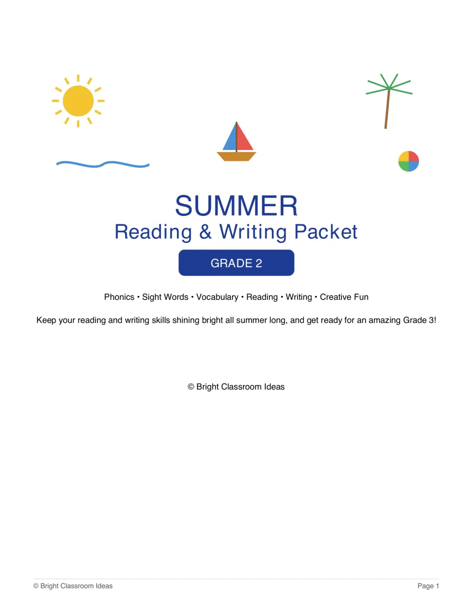 Summer Reading & Writing Packet Grade 2 cover listing phonics, sight words, vocabulary, reading, writing and creative fun