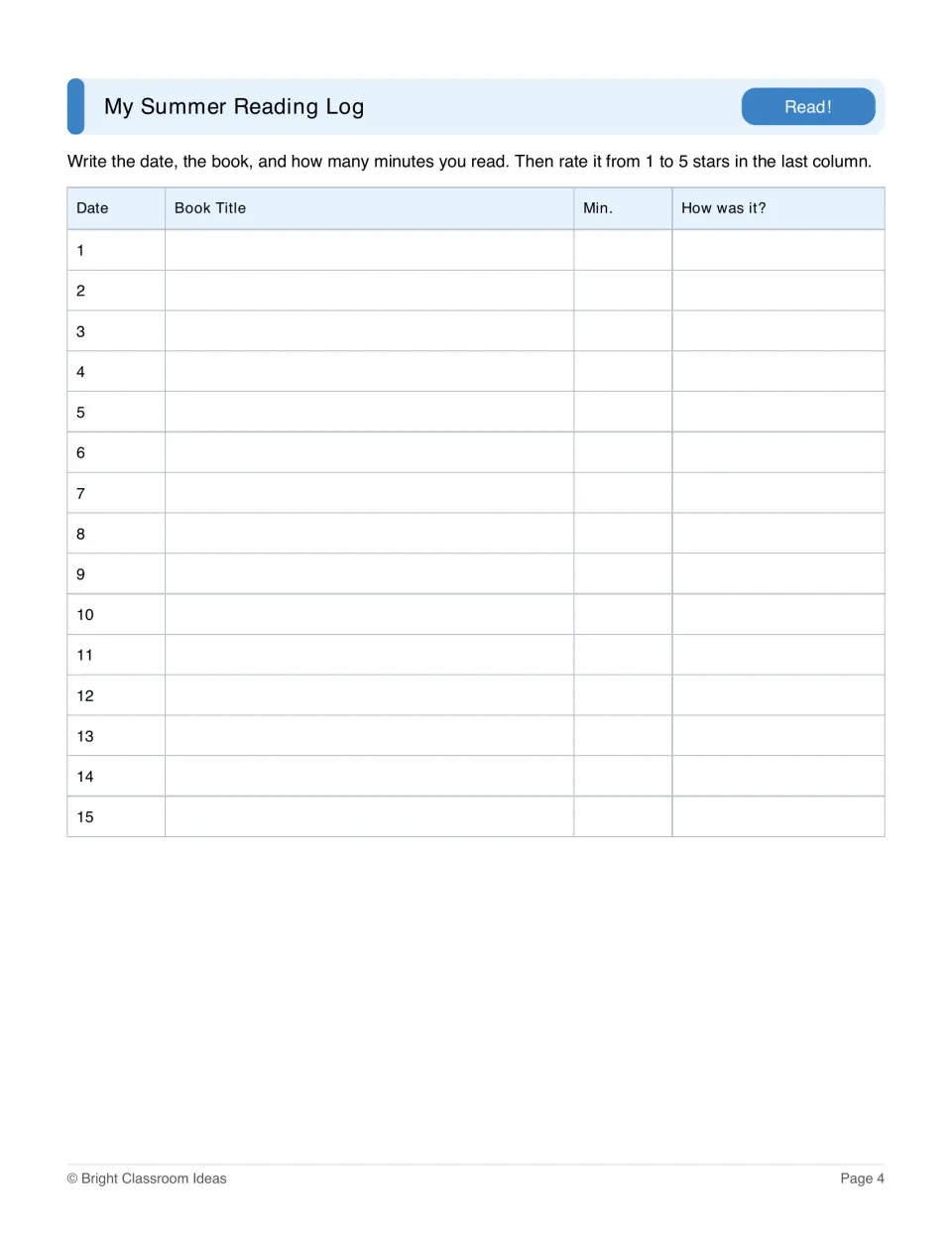 My Summer Reading Log: students record the date, book title and minutes read for 15 entries, rate each book 1 to 5 stars
