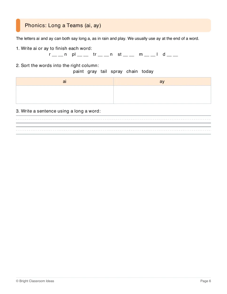 Long a teams ai and ay: students complete words like rain and play, sort paint, gray and tail, then write a sentence
