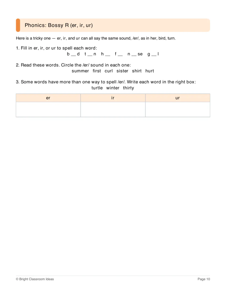 Bossy R er, ir, ur: students fill in words, circle the /er/ sound in summer and shirt, and sort turtle, winter and thirty