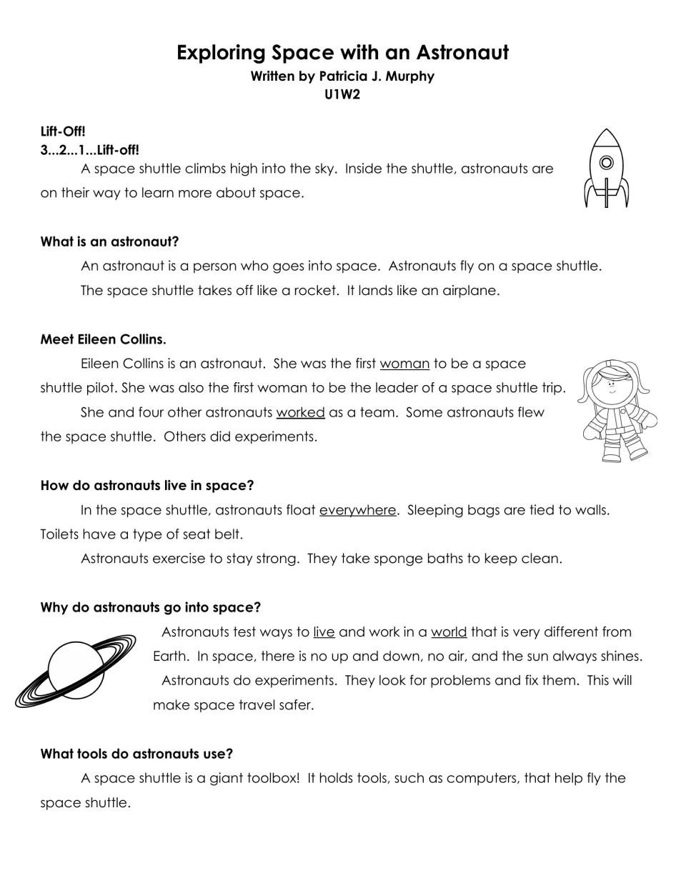 Exploring Space with an Astronaut, U1W2: students read question headings about astronauts and Eileen Collins