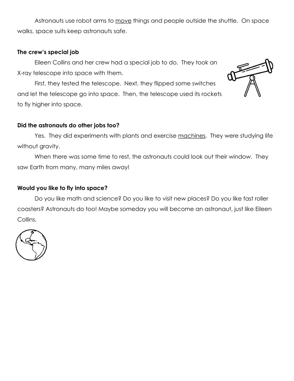 Astronaut article continued: students read about the crew's telescope job, other experiments and the closing question