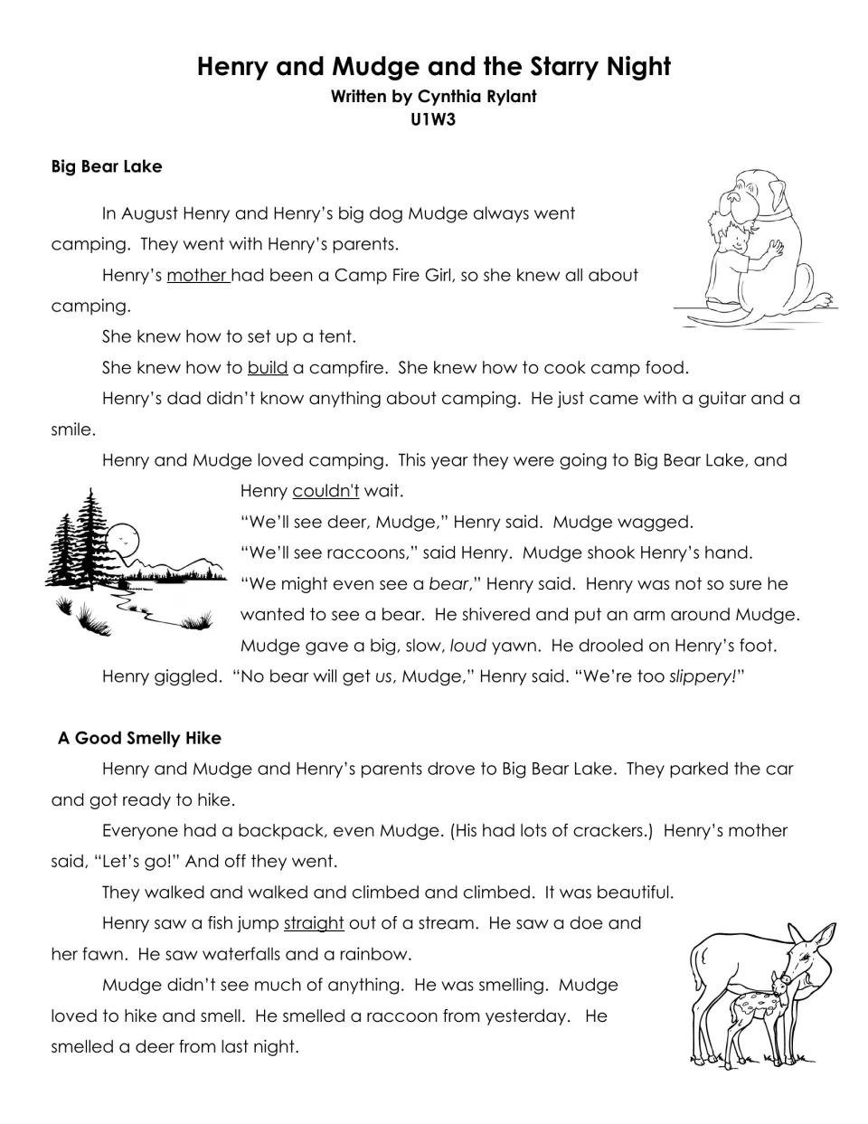 Henry and Mudge and the Starry Night, U1W3: students read the Big Bear Lake and A Good Smelly Hike sections