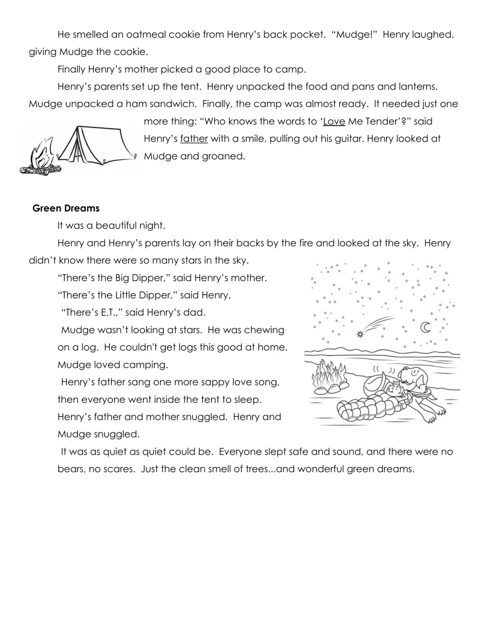 Henry and Mudge story continued: students read about setting up camp and the Green Dreams night under the stars
