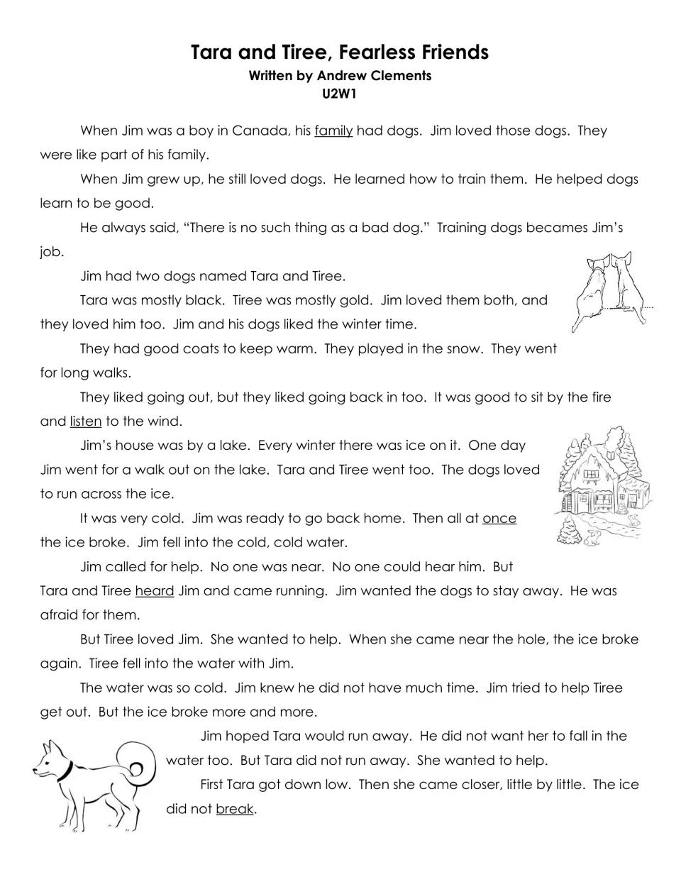 Tara and Tiree, Fearless Friends (U2W1): Jim falls through lake ice and his dogs rush to help; vocabulary underlined