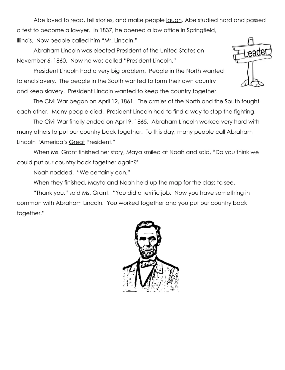 Lincoln story ending: lawyer, 1860 election and the Civil War, then Noah and Maya mend the map and work together