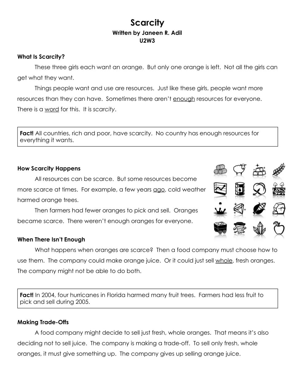 Scarcity (U2W3): nonfiction on what scarcity is, how cold weather made oranges scarce, and trade-offs, with Fact! notes
