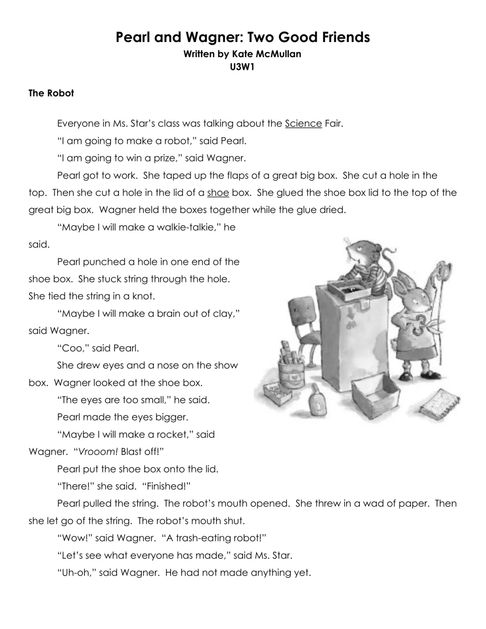 First page of Pearl and Wagner: Two Good Friends, where Pearl builds a trash-eating robot for the science fair
