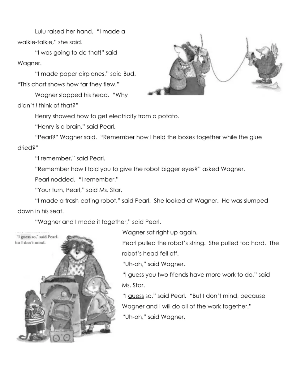 Second page of Pearl and Wagner's story: Pearl shares credit for the robot, then its head falls off