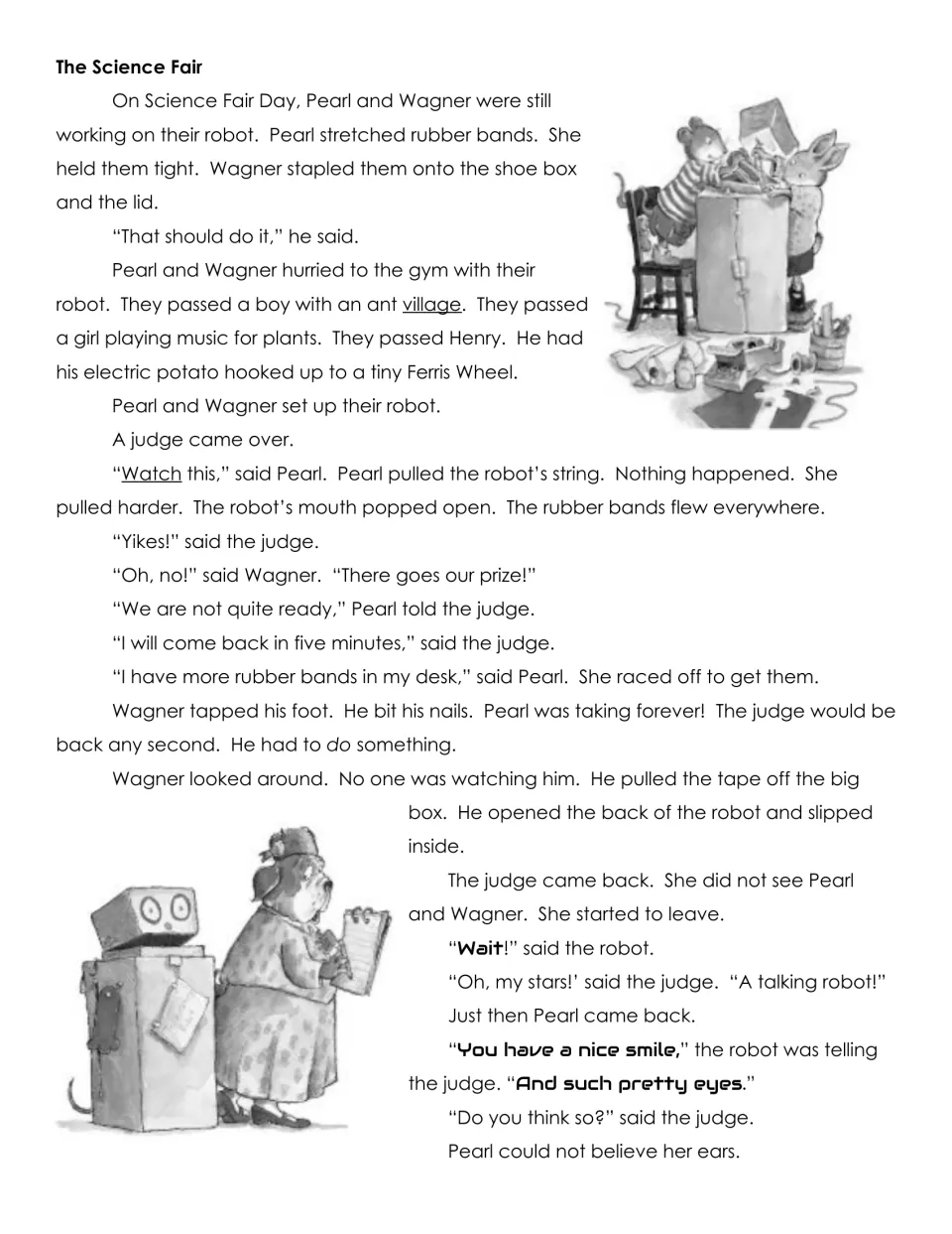 Third page of Pearl and Wagner's story: the robot breaks at the science fair, and Wagner hides inside