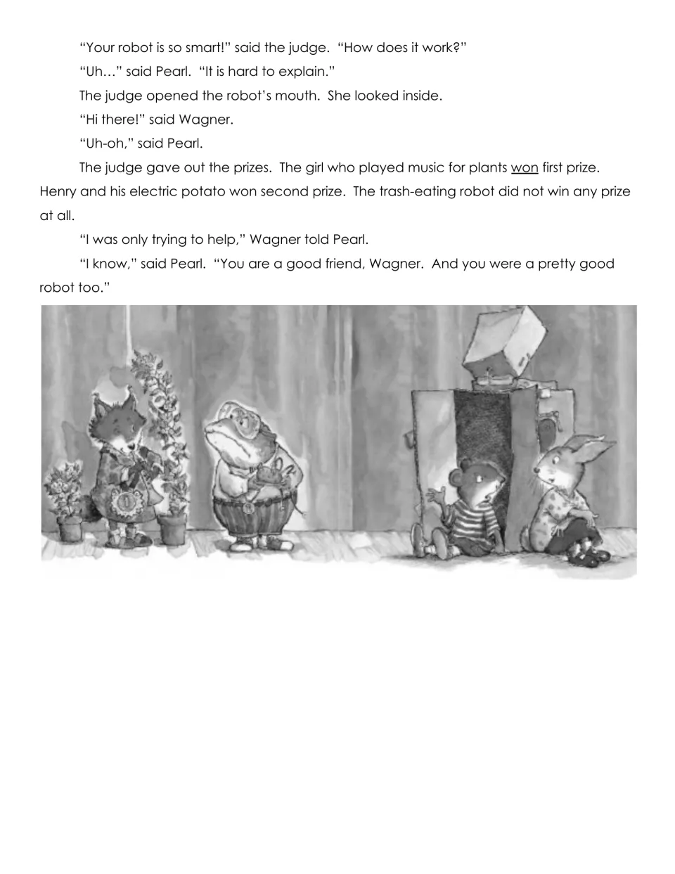 Final page of Pearl and Wagner's story: the judge discovers Wagner inside, and their robot wins no prize