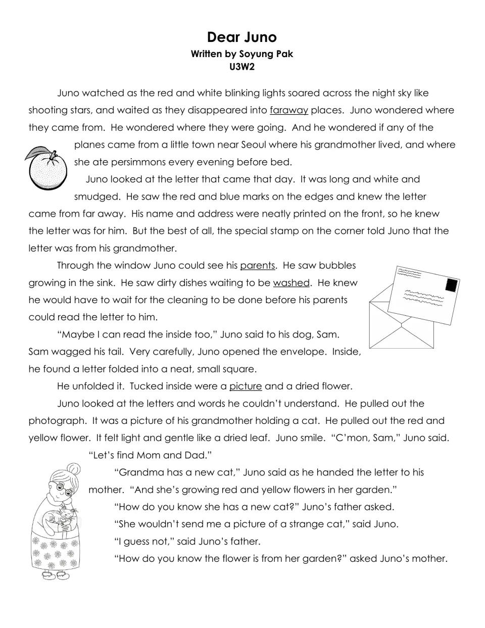 First page of Dear Juno: Juno opens his grandmother's letter and finds a photograph and a dried flower