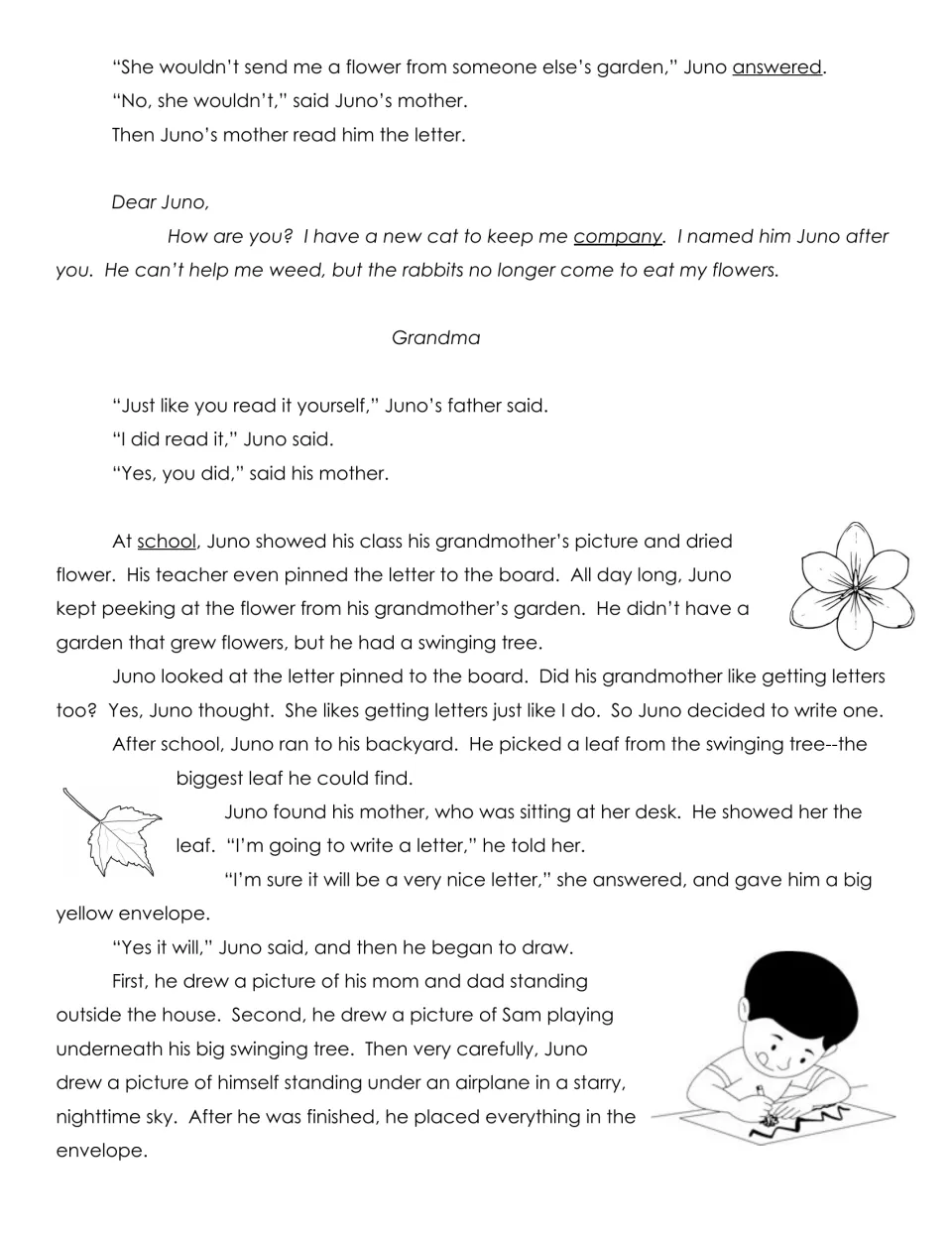 Second page of Dear Juno: his mother reads Grandma's letter, and Juno draws pictures to send in return