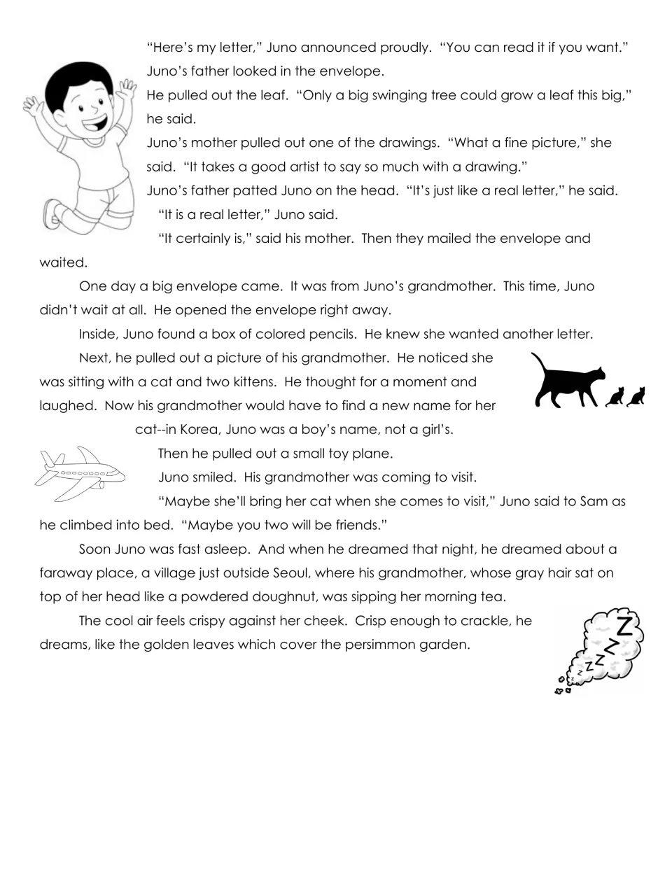 Final page of Dear Juno: Grandma sends colored pencils, a photograph, and a toy plane signaling a visit