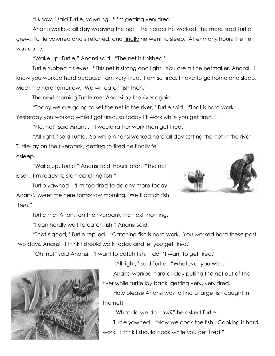 Second page of Anansi Goes Fishing: Anansi finishes the net, sets it in the river, and catches a large fish
