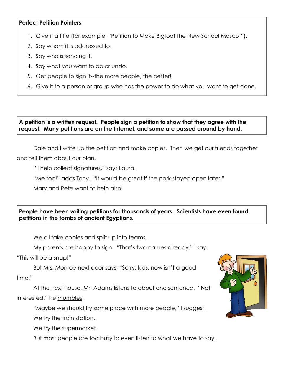 Carl the Complainer continued: students read Perfect Petition Pointers, a petition fact box and the kids' signature hunt