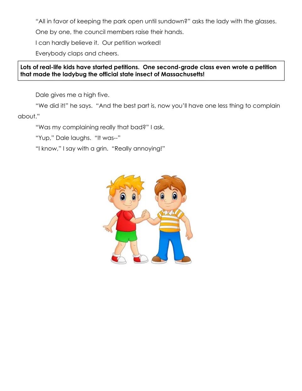 Carl the Complainer ending: the council votes to keep the park open until sundown; fact box on the ladybug petition