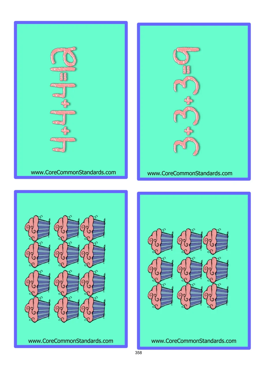 Array matching cards 1–4: cupcake arrays showing 12 and 9, paired with equations 4 + 4 + 4 = 12 and 3 + 3 + 3 = 9