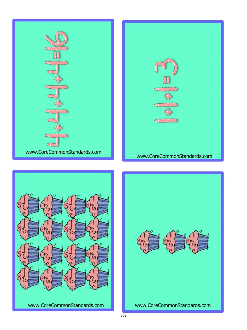 Array matching cards 5–8: cupcake arrays of 16 and 3, with equations 4 + 4 + 4 + 4 = 16 and 1 + 1 + 1 = 3