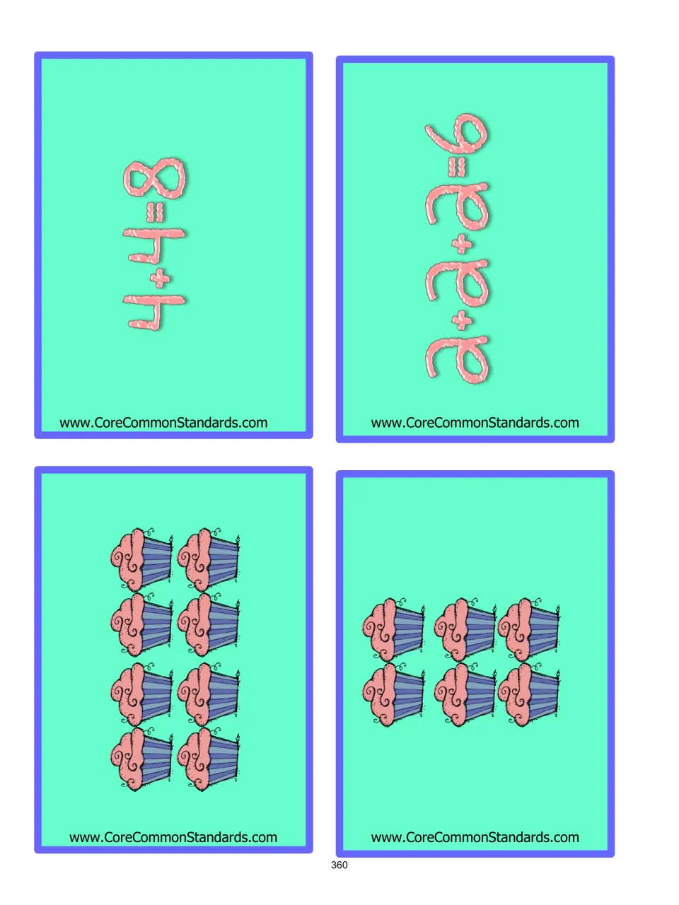 Array matching cards 9–12: cupcake arrays showing 8 and 6, paired with equations 4 + 4 = 8 and 2 + 2 + 2 = 6